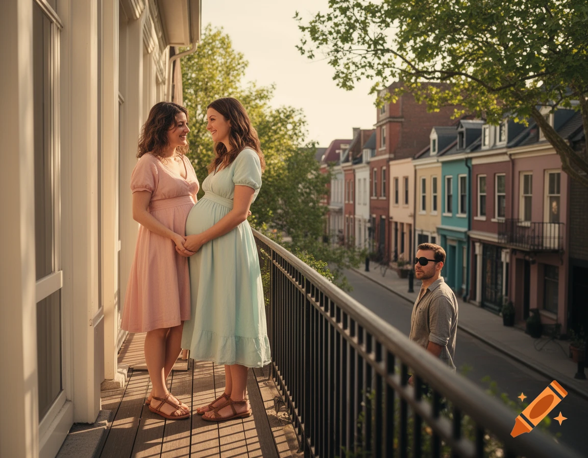 Two pregnant women in dresses hold hands on a balcony, looking at each other. A man in sunglasses stands on the colorful street below.