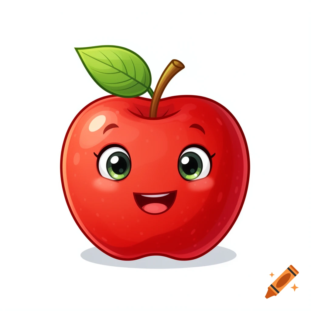 A vibrant red cartoon apple with a happy face, green leaf, and brown stem, set against a clean white background.