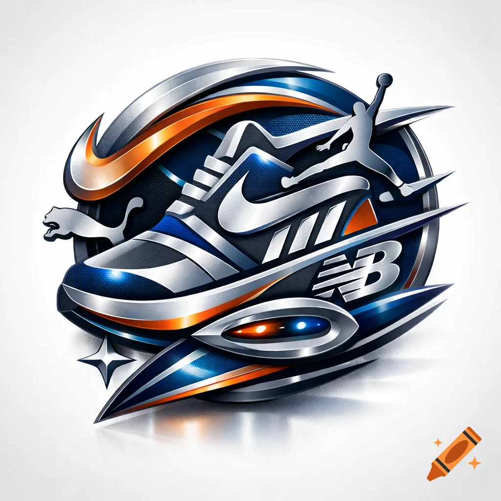 A stylized, metallic emblem combining elements from Nike, Puma, Jordan, and New Balance logos, in blue, silver, and orange.