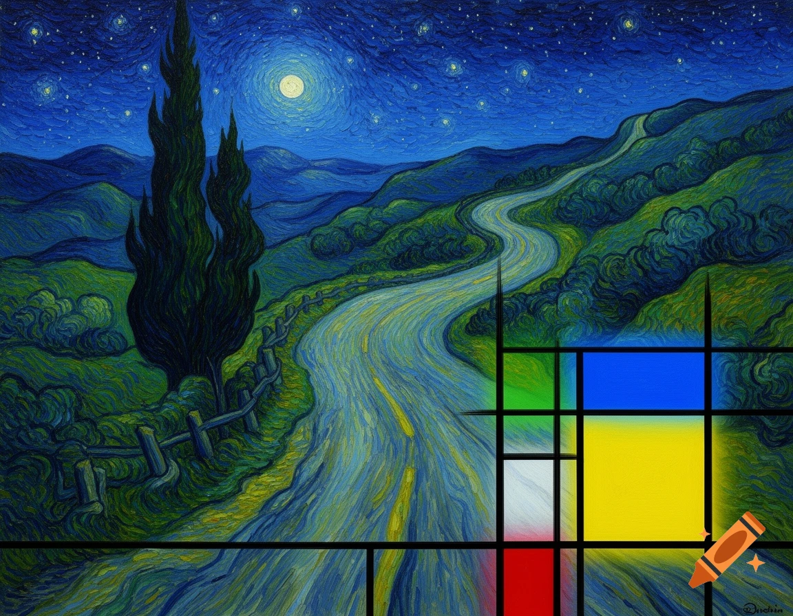 A painting blending a Van Gogh-style cypress and starry night road with Mondrian's geometric rectangles in blue, yellow, red, and white.