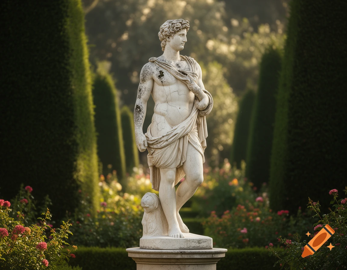 A photorealistic classical Greek marble statue of a draped male figure stands on a pedestal in a sunlit garden with green hedges and blooming flowers.