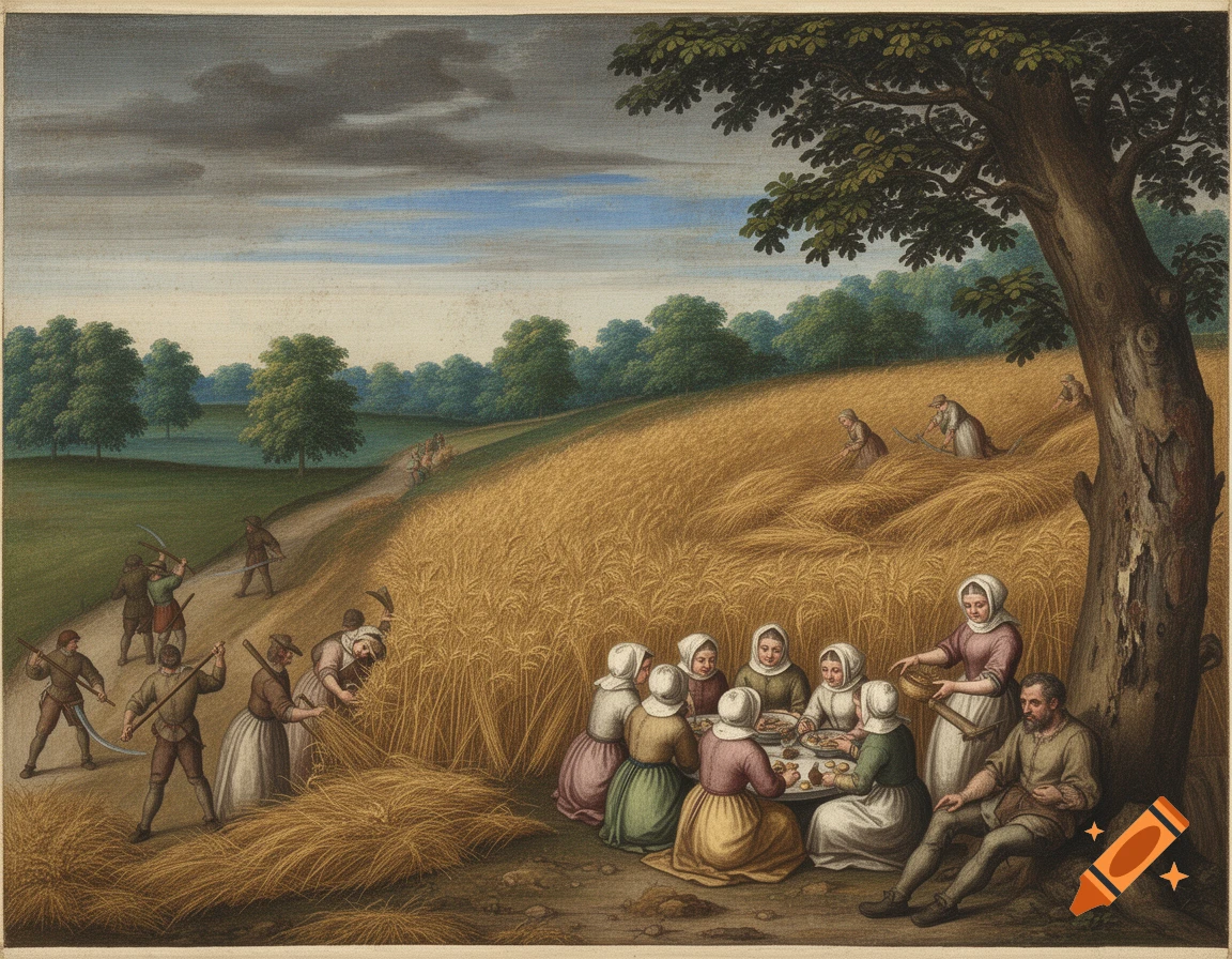 A historical painting depicting peasants harvesting wheat in a rural field and resting under a tree.