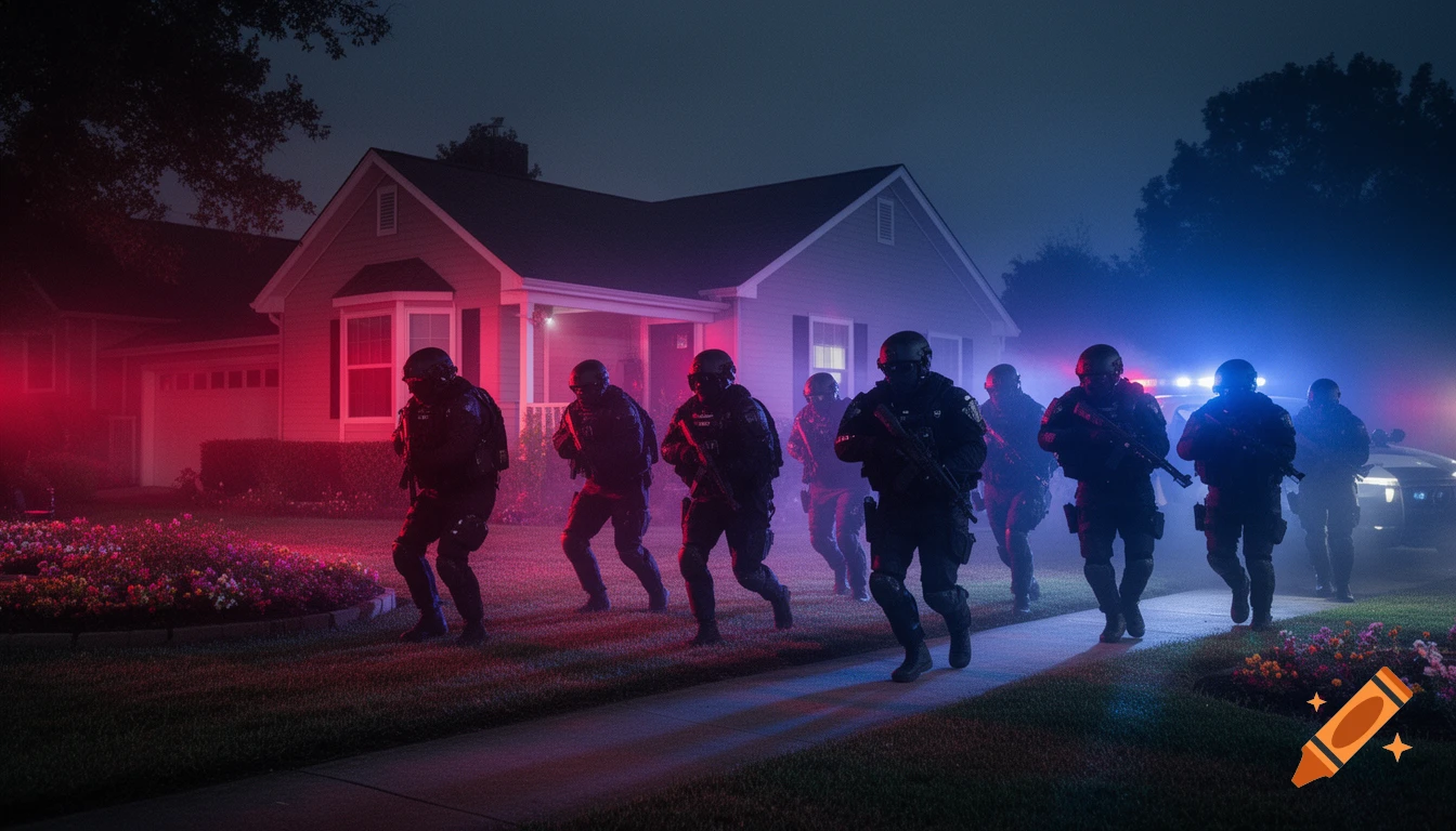 A SWAT team in tactical gear approaches a suburban house at night, illuminated by red and blue police lights from a patrol car.