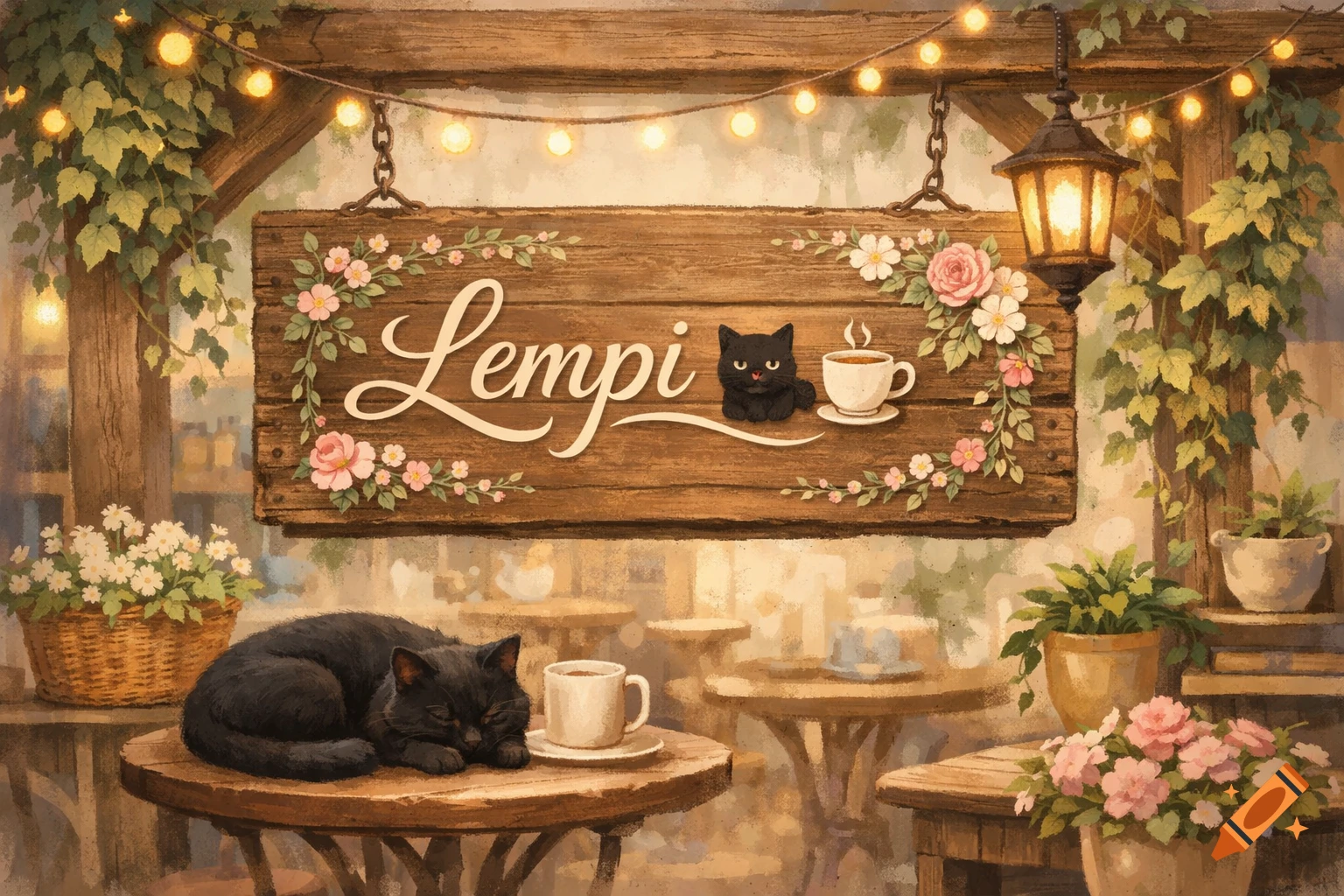 Watercolor illustration of a cozy cafe scene with a sleeping black cat on a table and a floral sign reading 'Lempi'.