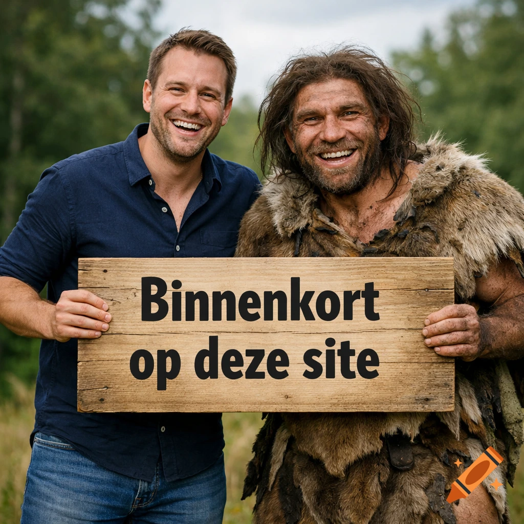 A smiling man and a Neanderthal-costumed man hold a sign reading 'Binnenkort op deze site' outdoors. Photorealistic.