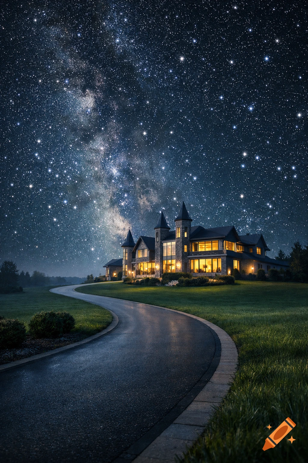 A grand modern stone house with illuminated windows at the end of a winding driveway under a brilliant, star-filled night sky with the Milky Way.