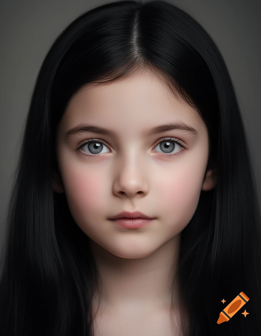 A close-up photorealistic portrait of a young girl with long black hair, fair skin, and striking grey eyes.