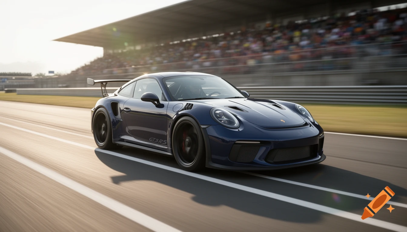 A dark blue Porsche GT3 RS sports car speeds down a sunlit racetrack with motion blur and spectators in the stands.