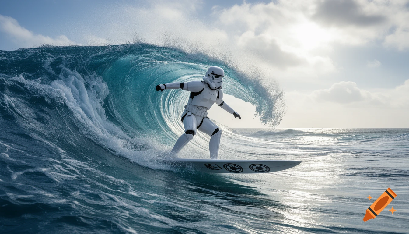 A Stormtrooper in white armor surfs a large, breaking ocean wave under a partly cloudy sky, photorealistic.