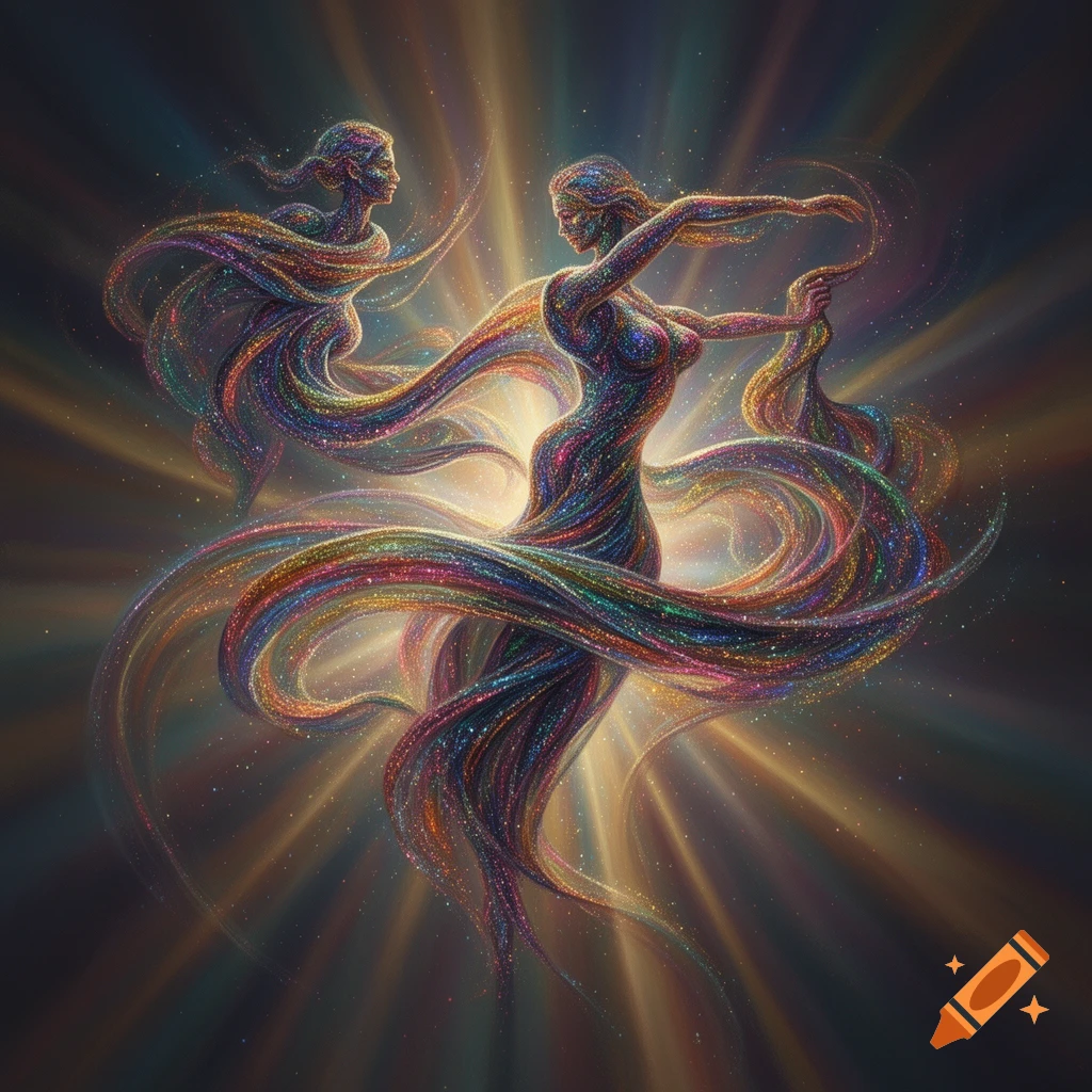 Two glowing, abstract feminine figures made of swirling, colorful particles dance in a radiant, cosmic setting.