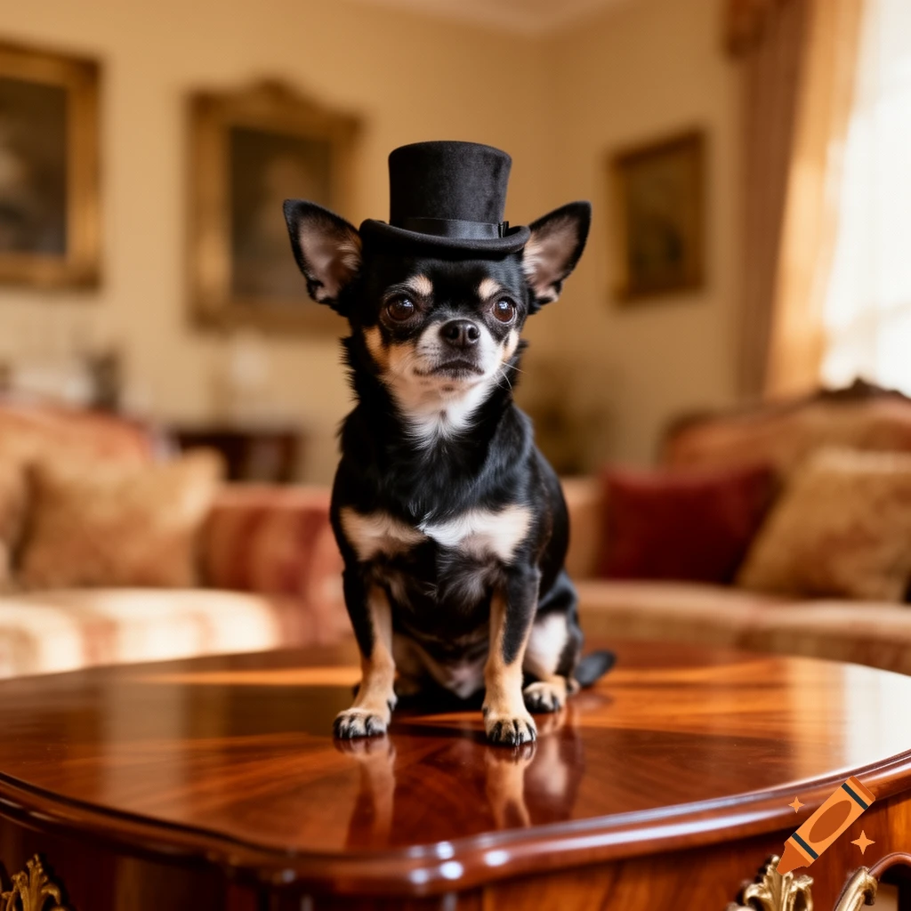 A black and tan chihuahua wearing a top hat sits on a polished wooden table in a well-decorated room.