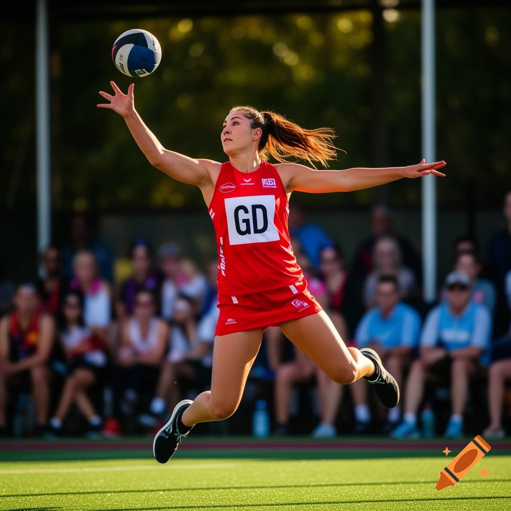 A female netball player in a red uniform with "GD" on her bib jumps to catch a ball on an outdoor court.