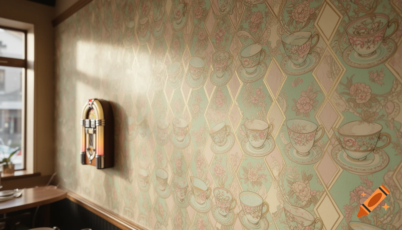 Retro cafe wall with floral and teacup wallpaper, a vintage jukebox, and sunlight.