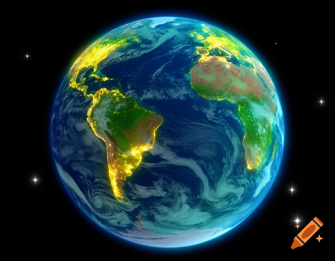 A detailed, vibrant view of Earth from space, showing illuminated continents and swirling clouds, against a starry black background.