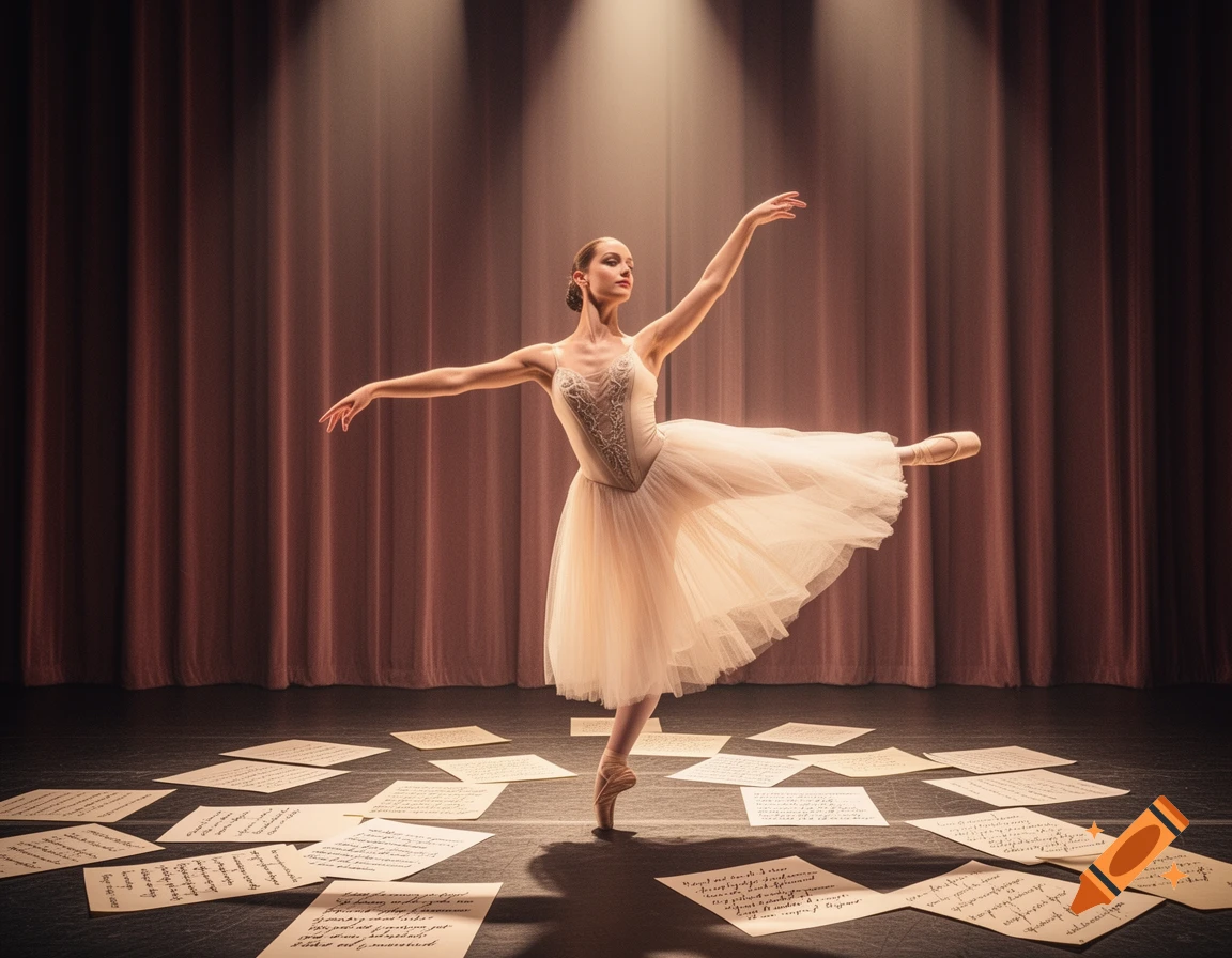 A ballerina in a white tutu poses en pointe on a dark stage, surrounded by scattered sheets of paper, under warm spotlights.