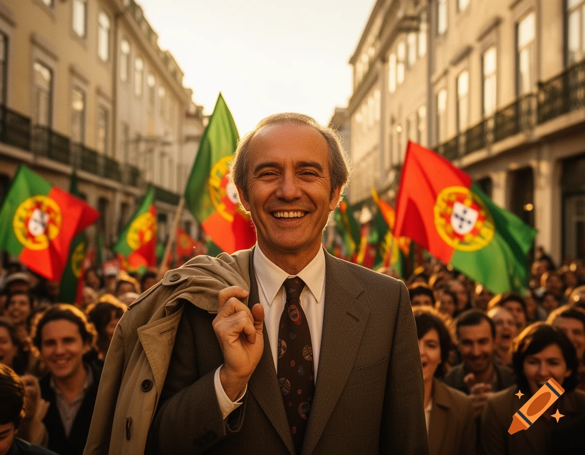 A smiling man in a suit with a trench coat over his shoulder stands in a crowd waving Portuguese flags at sunset in a city street.