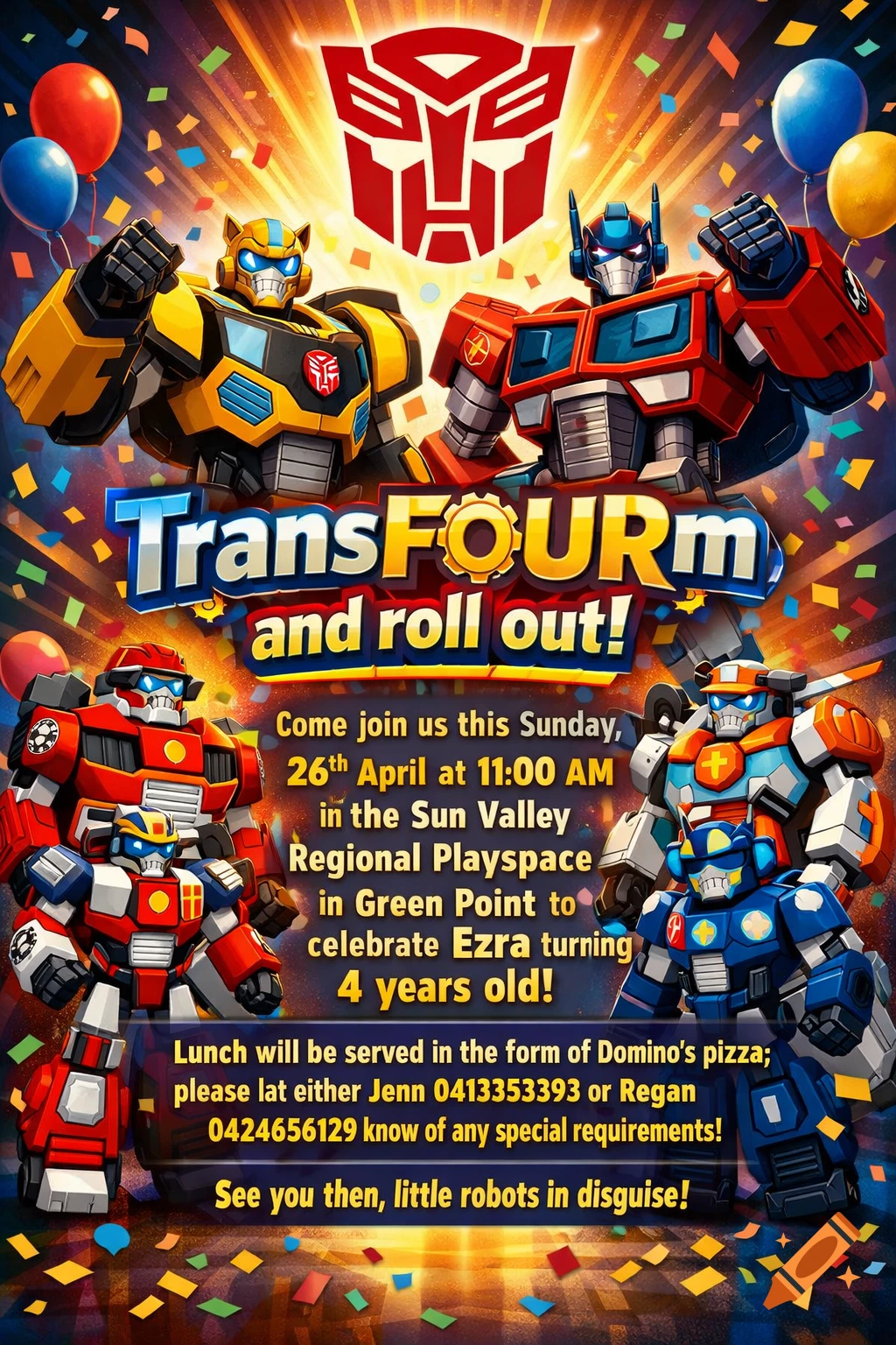 A colorful Transformers birthday party invitation featuring Optimus Prime, Bumblebee, and two other Rescue Bots with confetti and balloons.