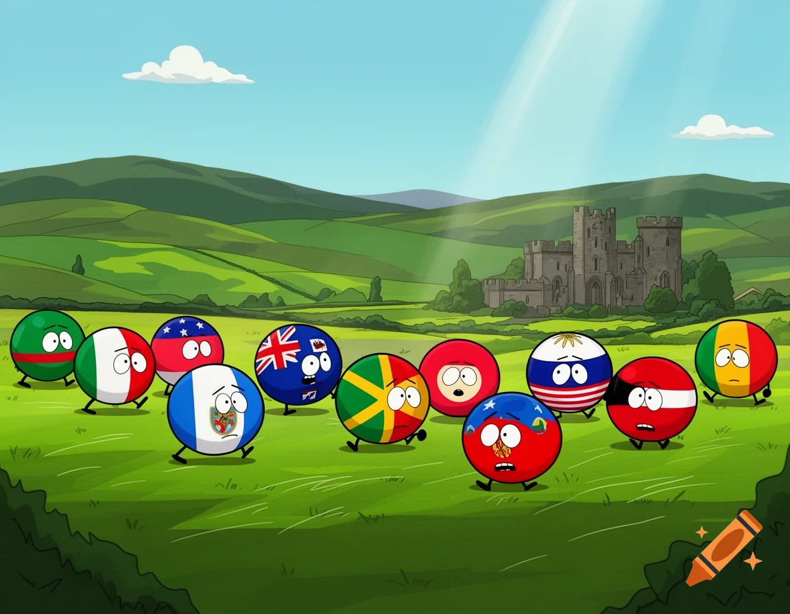 South Park style cartoon of various countryball characters standing in a green field with a castle in the background.