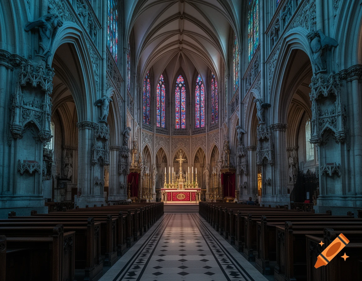 A long shot of the ornate interior of a Gothic church with a high arched ceiling, stained glass windows, and rows of pews leading to an altar.