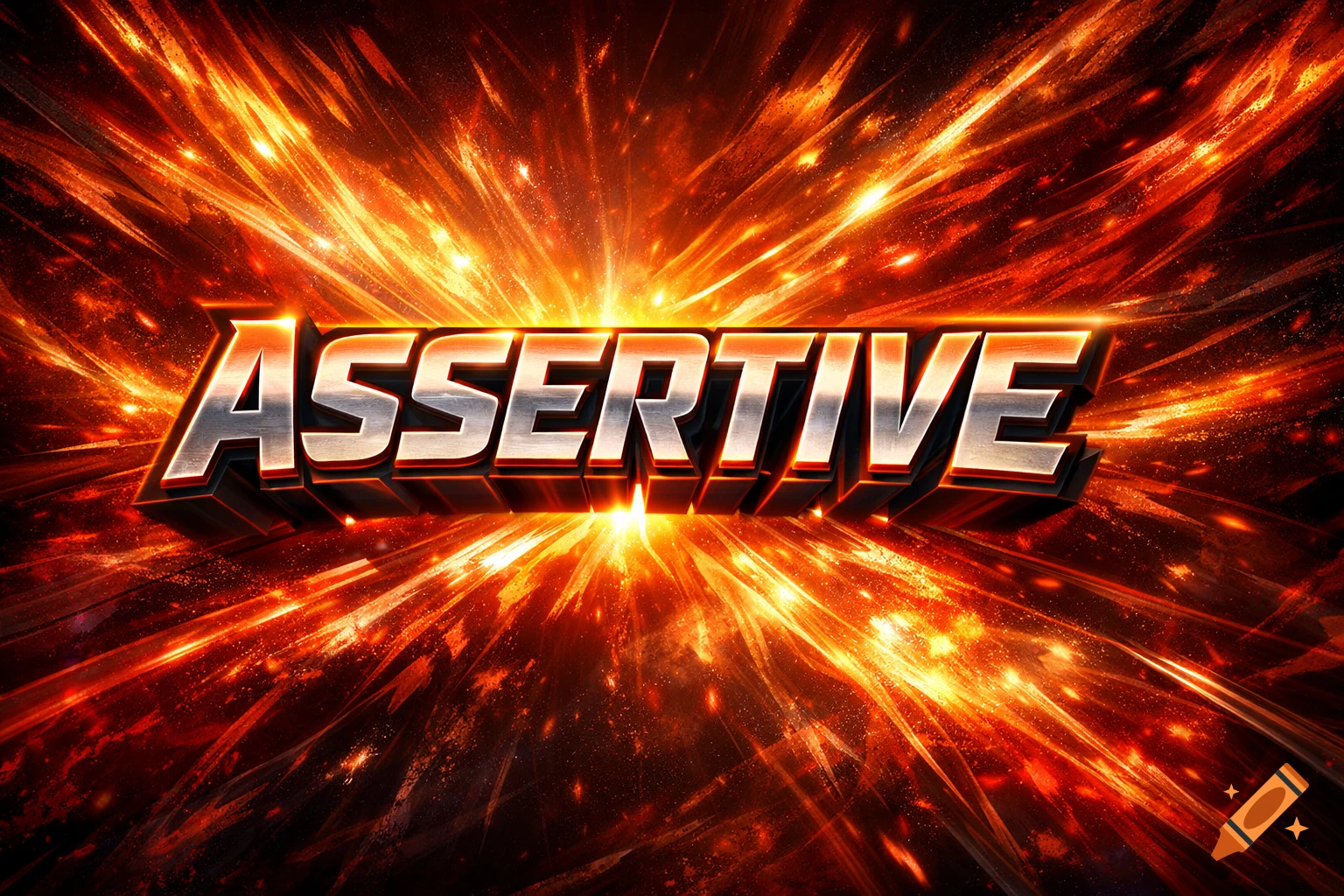 The word "ASSERTIVE" in bold, metallic 3D letters, against a background of fiery orange and red explosions and light bursts.