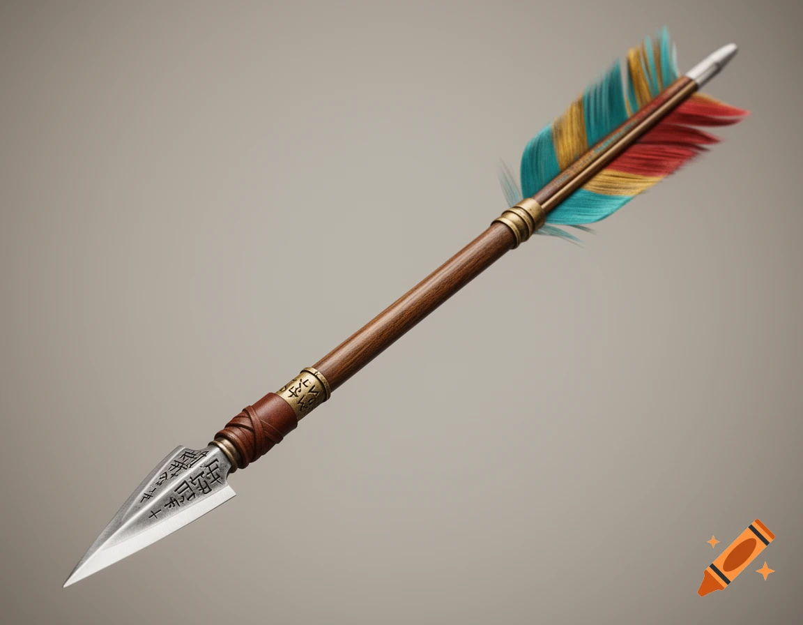 A decorative arrow with a metallic head featuring etched symbols, a wooden shaft, and colorful fletching in red, yellow, and teal.