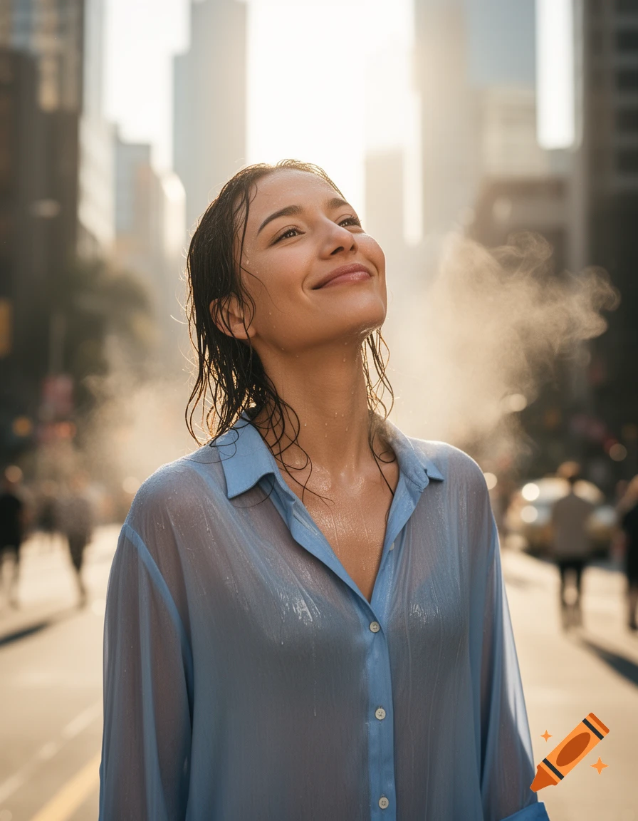 A young woman with wet hair and a drenched blue shirt smiles upwards amidst mist on a sunny city street.