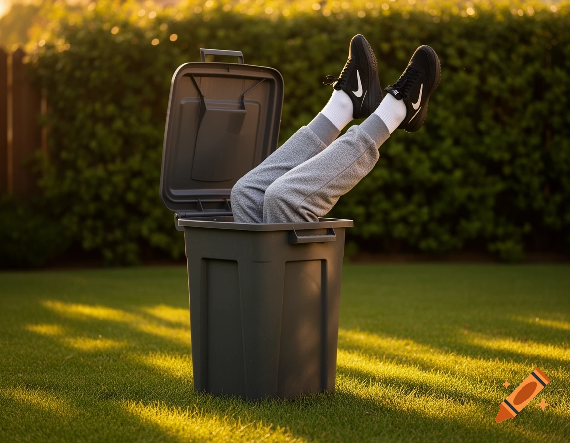 A humorous photorealistic scene with a person's legs in gray track pants and black Nike shoes sticking out of a dark gray garbage bin on a sunny lawn.