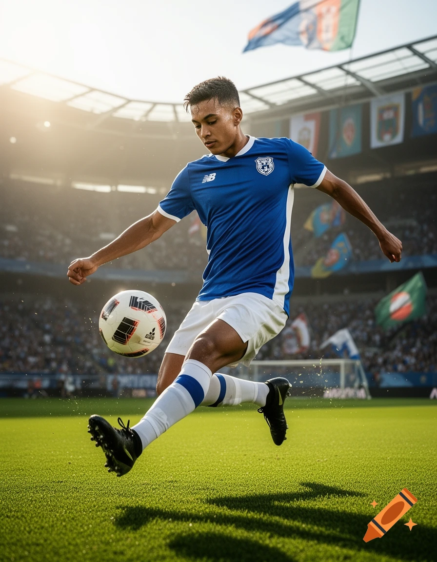 A male soccer player in a blue and white uniform kicks a ball mid-air on a green field in a sunlit stadium.