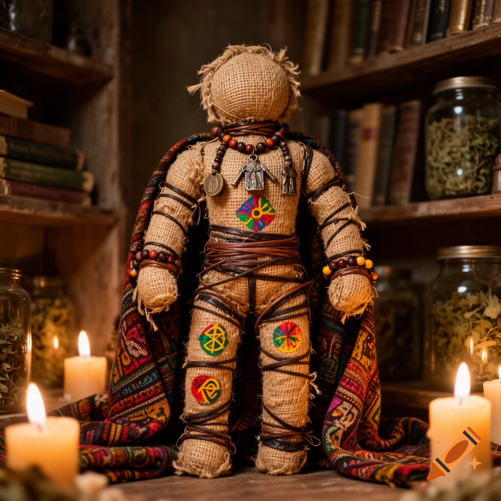 Burlap voodoo doll with colorful patches, beads, and leather straps, surrounded by lit candles and bookshelves.