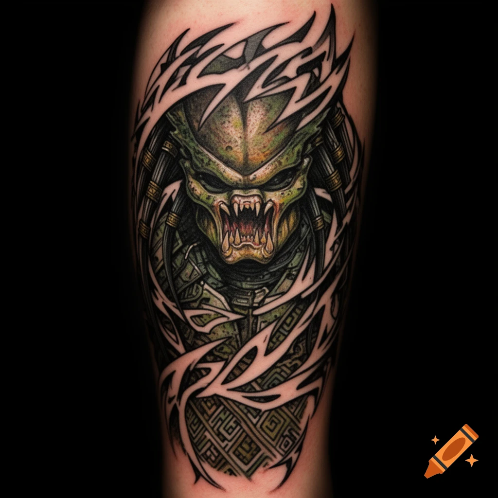 A colorful tribal style tattoo of a Yautja Predator with green skin and sharp teeth on a dark background.