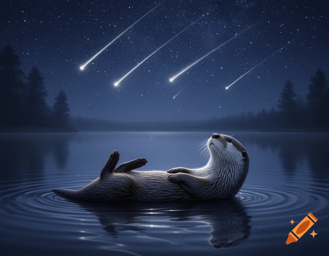 A photorealistic otter floats on its back in a lake, gazing up at bright shooting stars in a dark, clear night sky.