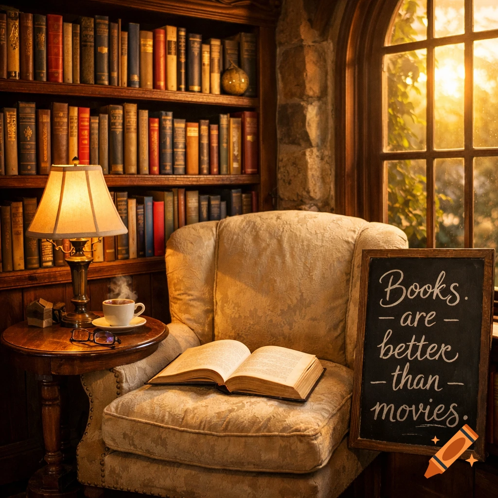 A cozy reading nook with an armchair, a lit lamp, and an open book. A chalkboard sign reads 'Books are better than movies'