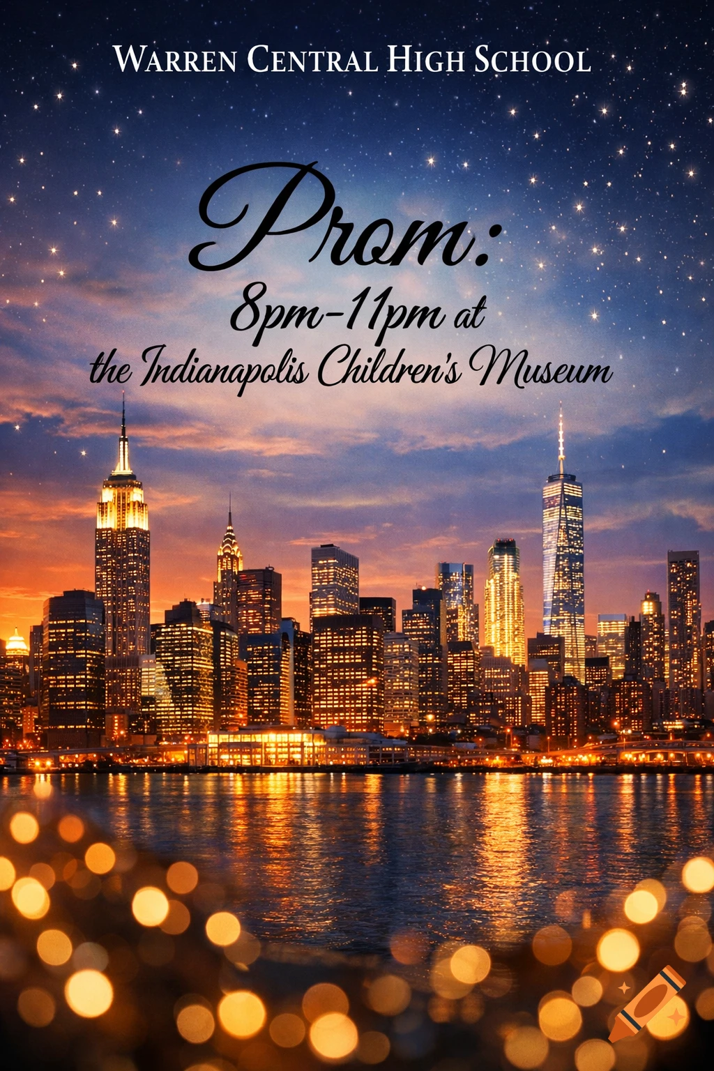 A prom flyer with 'Warren Central High School Prom: 8pm-11pm at the Indianapolis Children's Museum' over a NYC skyline at sunset.