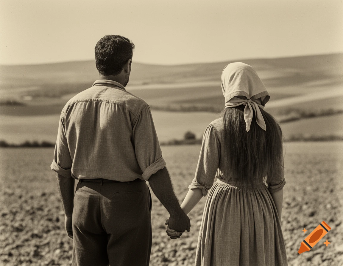 Sepia-toned image of a couple, seen from behind, holding hands in a vast tilled field.