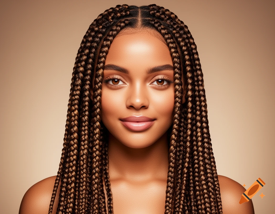 A photorealistic portrait of a woman with dark skin, long brown box braids, and a subtle smile, looking at the camera against a brown background.