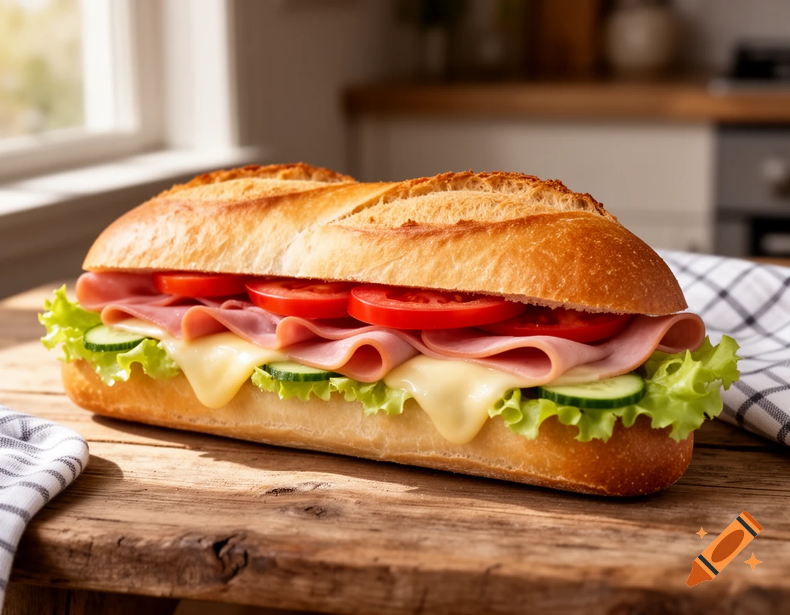 A photorealistic ham, melted cheese, tomato, lettuce, and cucumber baguette sandwich on a rustic wooden table.