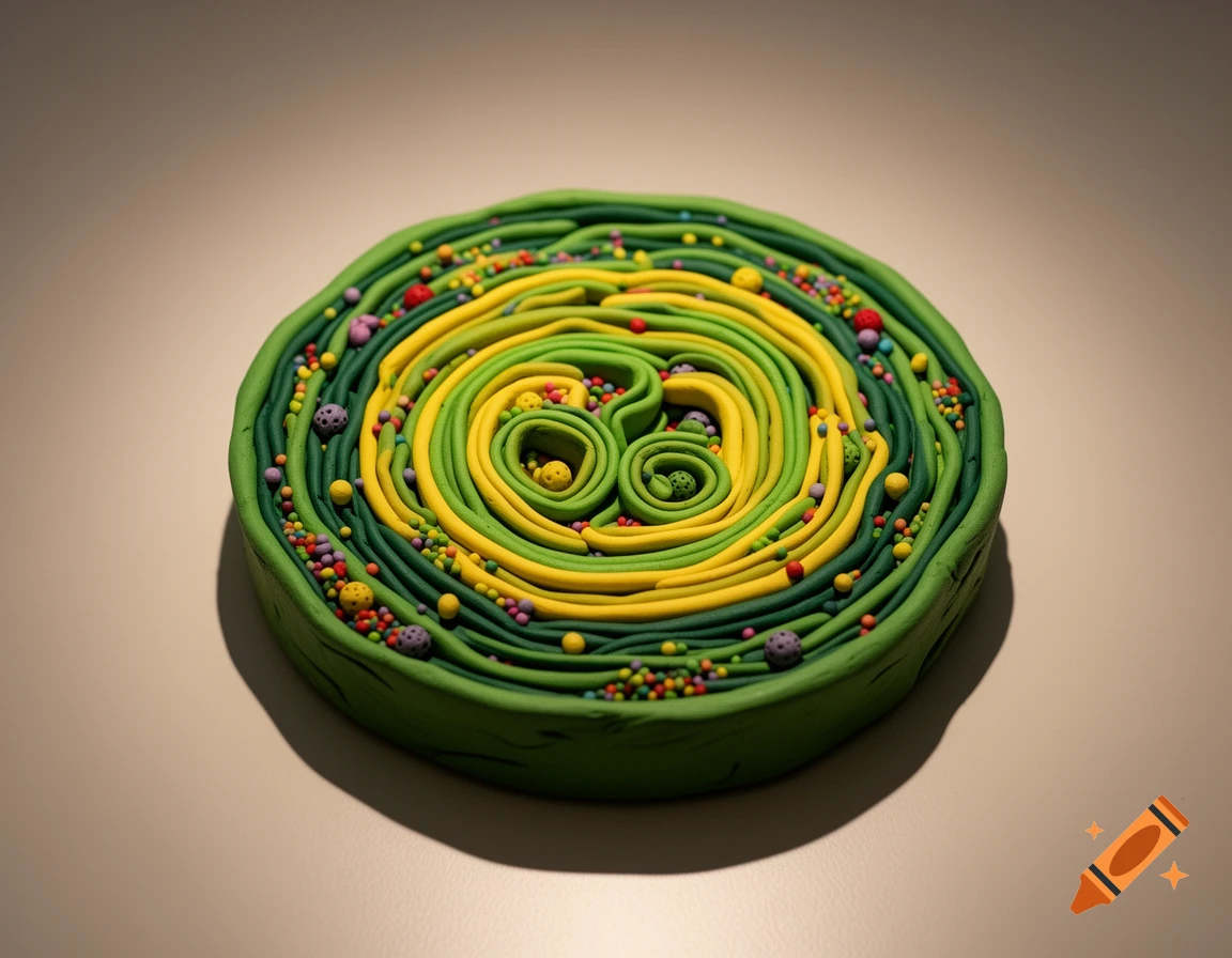 A vibrant green and yellow playdough model of a chloroplast, intricately coiled and adorned with small colorful beads.