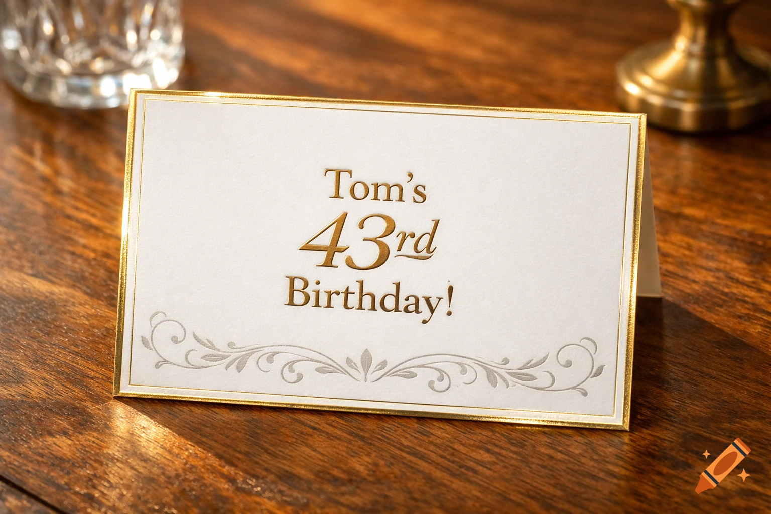 A white and gold birthday invitation card reading 'Tom's 43rd Birthday!' on a wooden table.