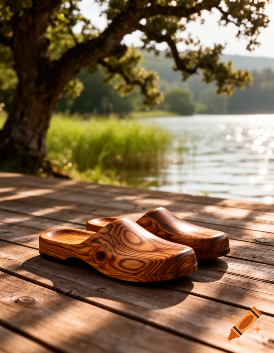 Two wooden clogs with intricate grain patterns rest on a sunny wooden dock by a shimmering lake.