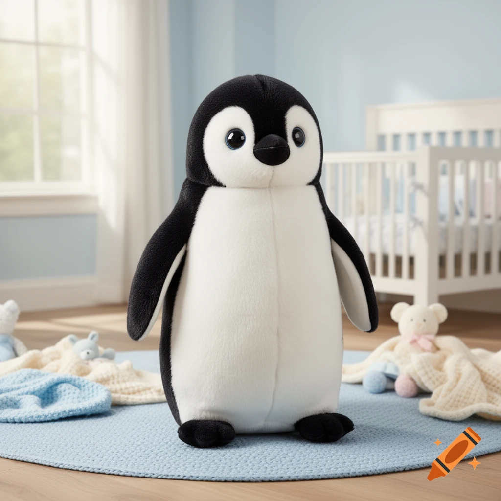 A photorealistic black and white plush penguin stands on a blue rug in a sunlit nursery, with a white crib in the background.