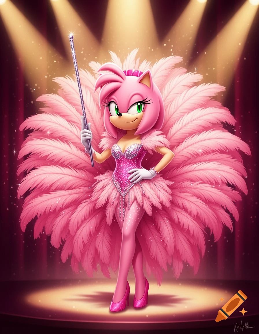 Amy Rose, a pink hedgehog, performing in a glittering pink feather showgirl outfit, holding a sparkling wand on a spotlight stage.