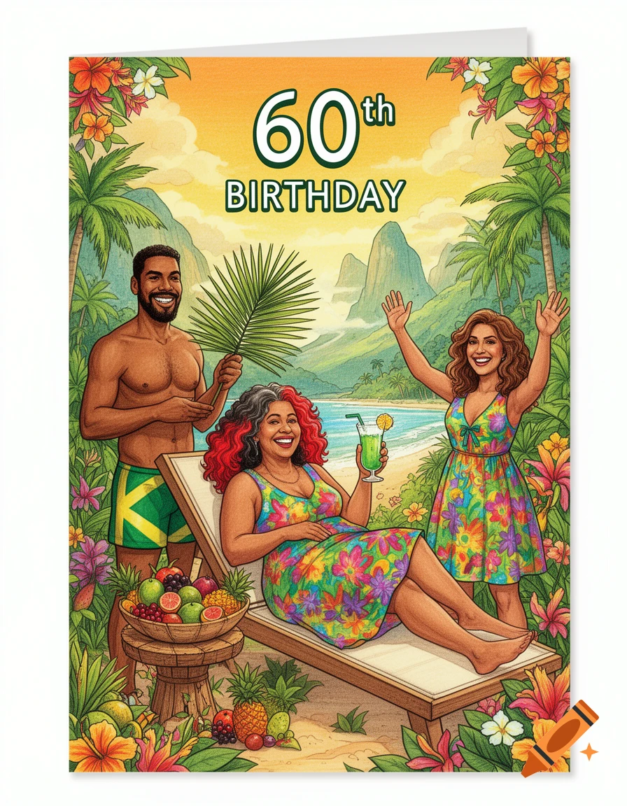 A colorful 60th Birthday card illustration featuring three people on a tropical beach, with palm trees, mountains, fruit, and a cocktail.