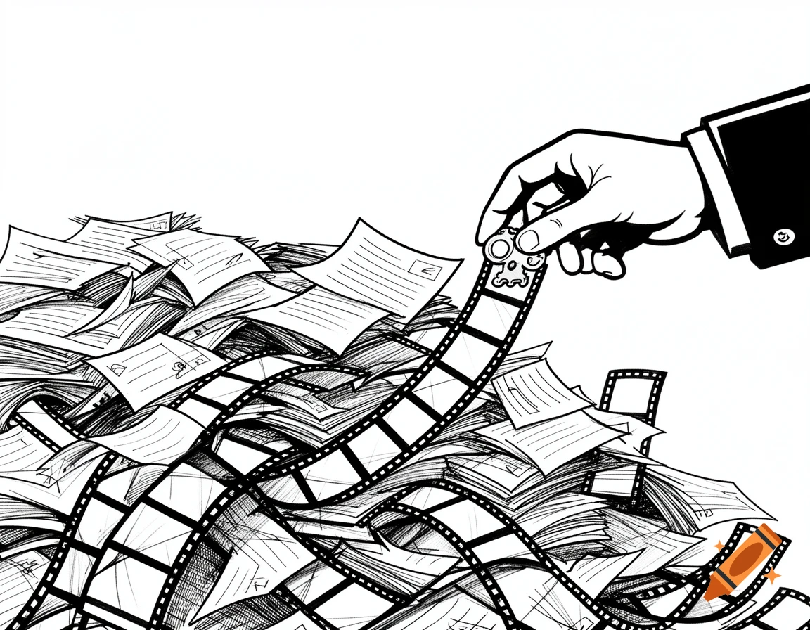 Black and white cartoon-style line drawing of a hand pulling a filmstrip from a large pile of papers.