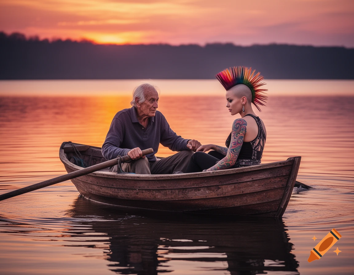 An old man and a young woman with a mohawk and tattoos in a rowboat at sunset on a lake.