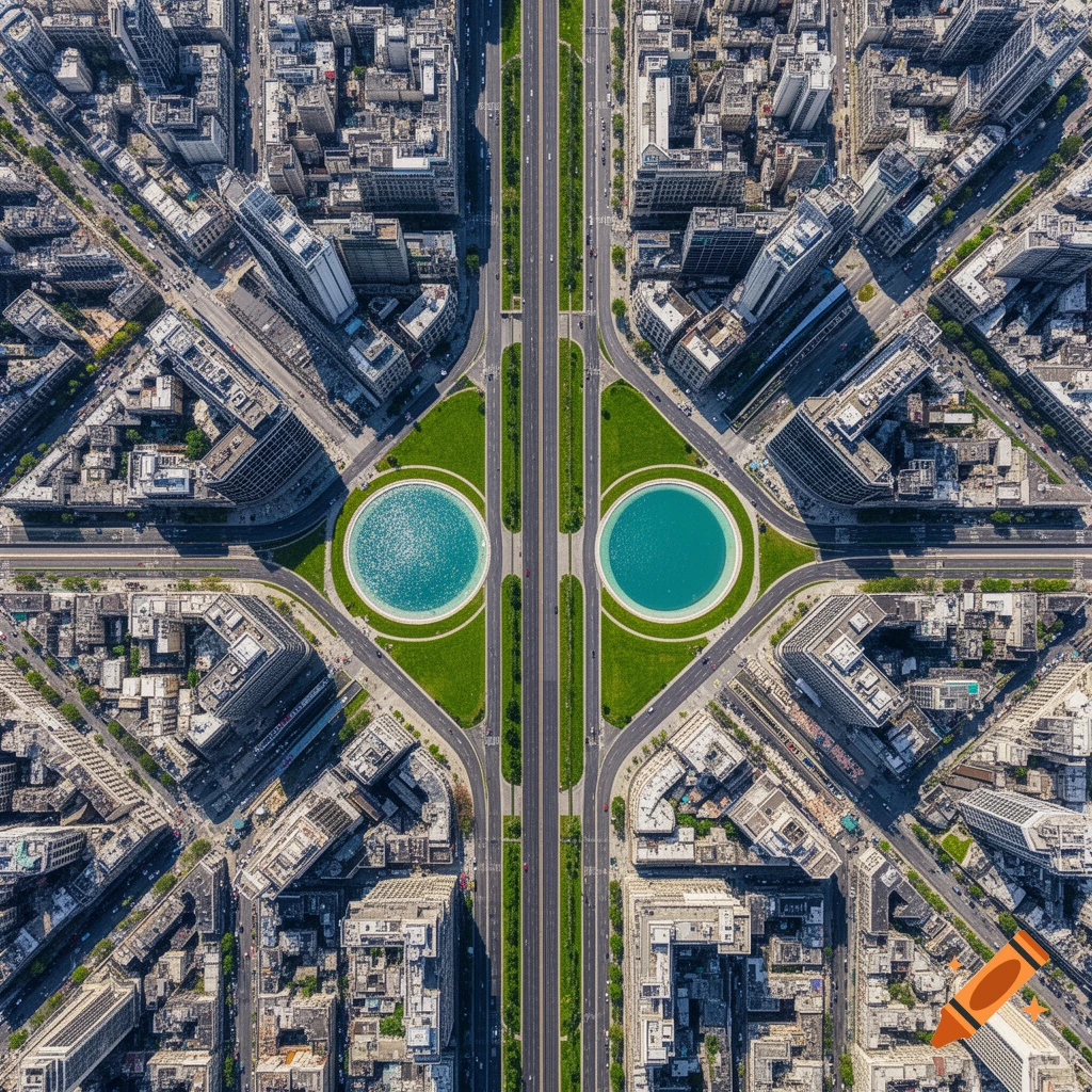 A top-down aerial view of a symmetrical urban landscape featuring two shimmering teal pools, a multi-lane highway, and dense city buildings under crisp daylight.