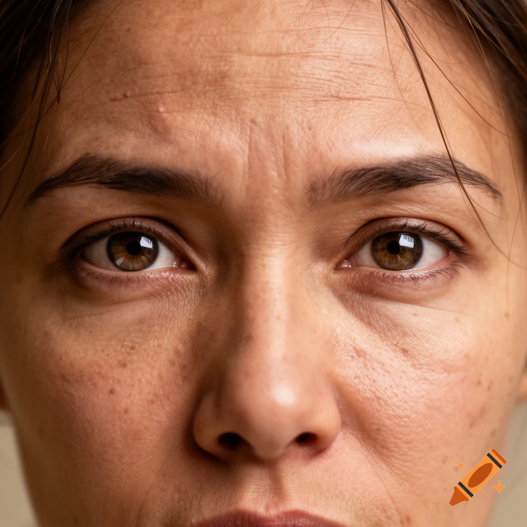 Photorealistic close-up portrait of a woman's face with brown eyes and detailed skin.
