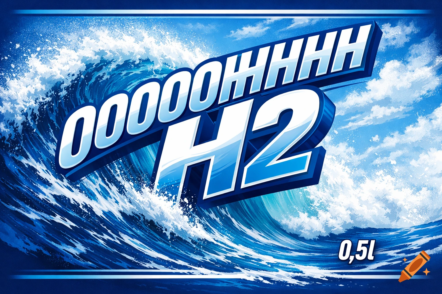 A blue and white label design with bold white text "OOOOOHHHH H2" over a large breaking ocean wave, with "0,5l" in the bottom right.