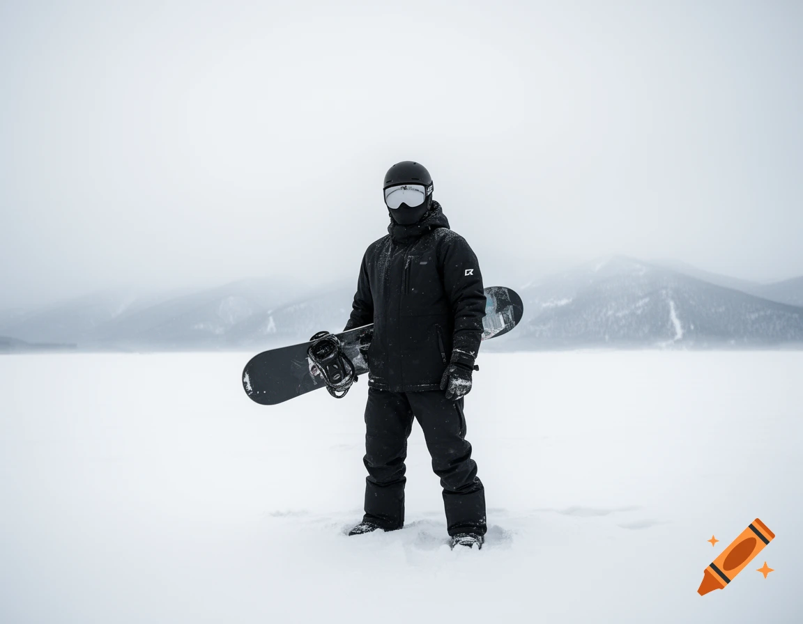 A person in a black snowboard suit, helmet, and goggles stands with a snowboard in a vast, snowy landscape.