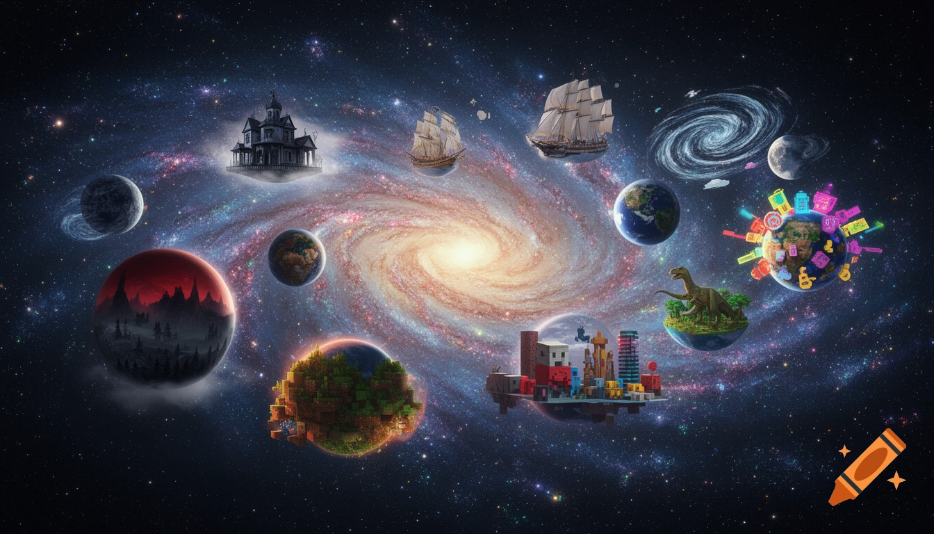 A vibrant galaxy scene with multiple themed planets and objects, including a Minecraft world, a dinosaur island, a gothic mansion, and sailing ships, all floating in space.