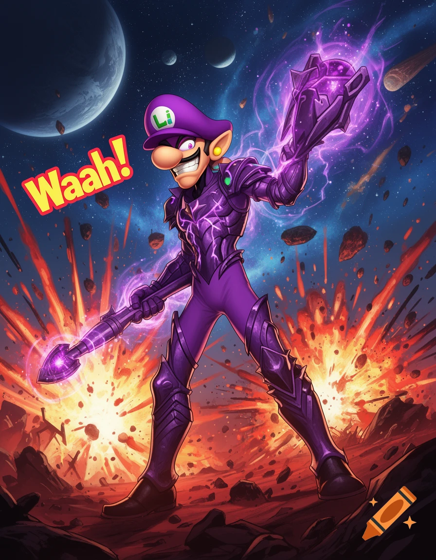 Waluigi in powerful purple armor, wielding an energy staff and shield, stands on an exploding planet with planets in the cosmic sky, exclaiming "Waah!"